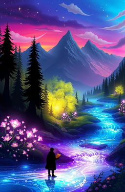 A dreamy fantasy landscape illustrating the theme of 'Unwritten Destinies', featuring a mystical forest with ethereal glowing plants, a flowing river with sparkling water, and majestic mountains in the background