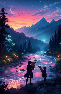 A dreamy fantasy landscape illustrating the theme of 'Unwritten Destinies', featuring a mystical forest with ethereal glowing plants, a flowing river with sparkling water, and majestic mountains in the background