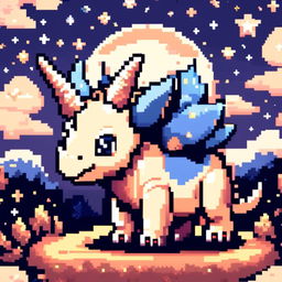 Pixel art PFP featuring a cute blue and white Triceratops against a backdrop of a starry night sky.