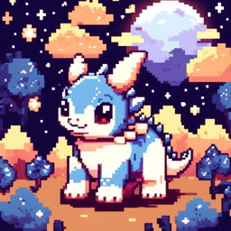 Pixel art PFP featuring a cute blue and white Triceratops against a backdrop of a starry night sky.