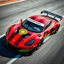 A race car featuring a livery inspired by the colors and design of the Malawian flag