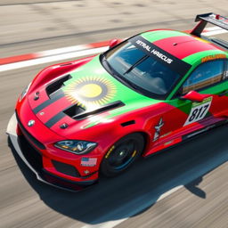 A race car featuring a livery inspired by the colors and design of the Malawian flag