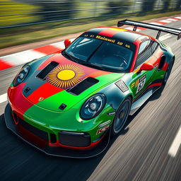 A race car featuring a livery inspired by the colors and design of the Malawian flag