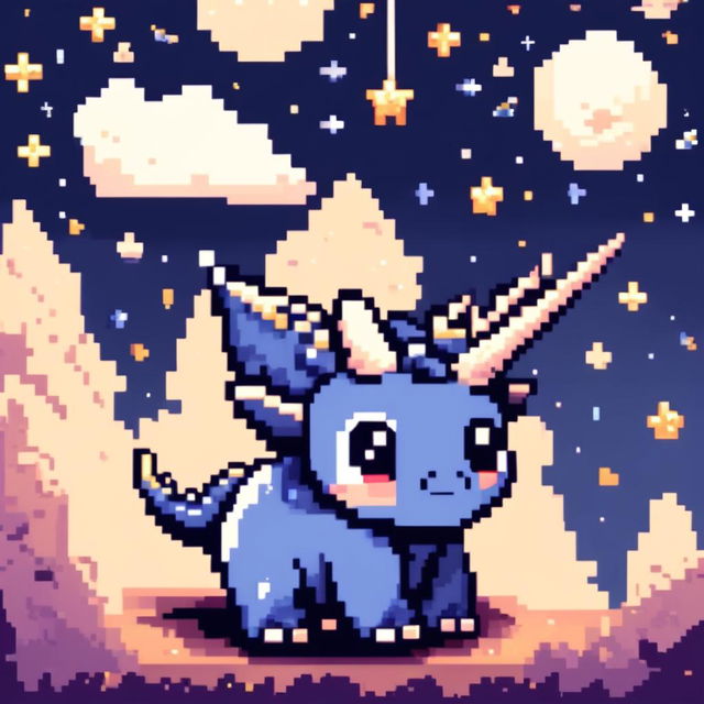 Pixel art PFP featuring a cute blue and white Triceratops against a backdrop of a starry night sky.