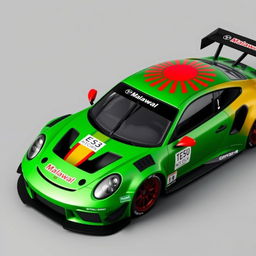 A race car livery inspired by the Malawian flag, featuring British Racing Green as the primary color