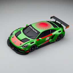 A race car livery inspired by the Malawian flag, featuring British Racing Green as the primary color
