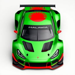 A race car livery inspired by the Malawian flag, featuring British Racing Green as the primary color