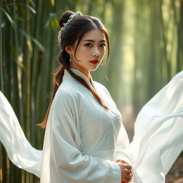 A stunning 23-year-old girl of Mongolian noble descent, elegantly portrayed in a close-up view that captures detailed features from head to toe
