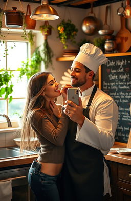 A romantic scene depicting a male chef and his girlfriend in a cozy, beautifully decorated kitchen