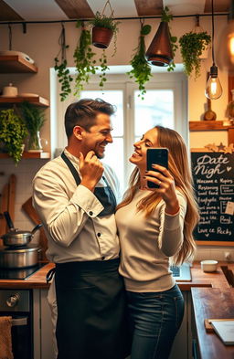 A romantic scene depicting a male chef and his girlfriend in a cozy, beautifully decorated kitchen