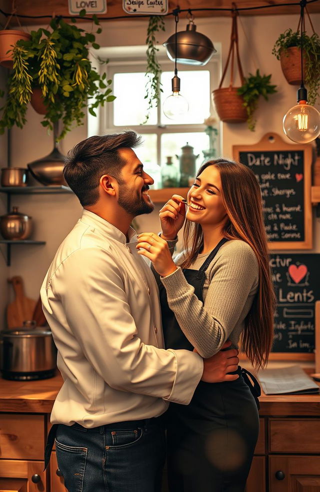 A romantic scene depicting a male chef and his girlfriend in a cozy, beautifully decorated kitchen