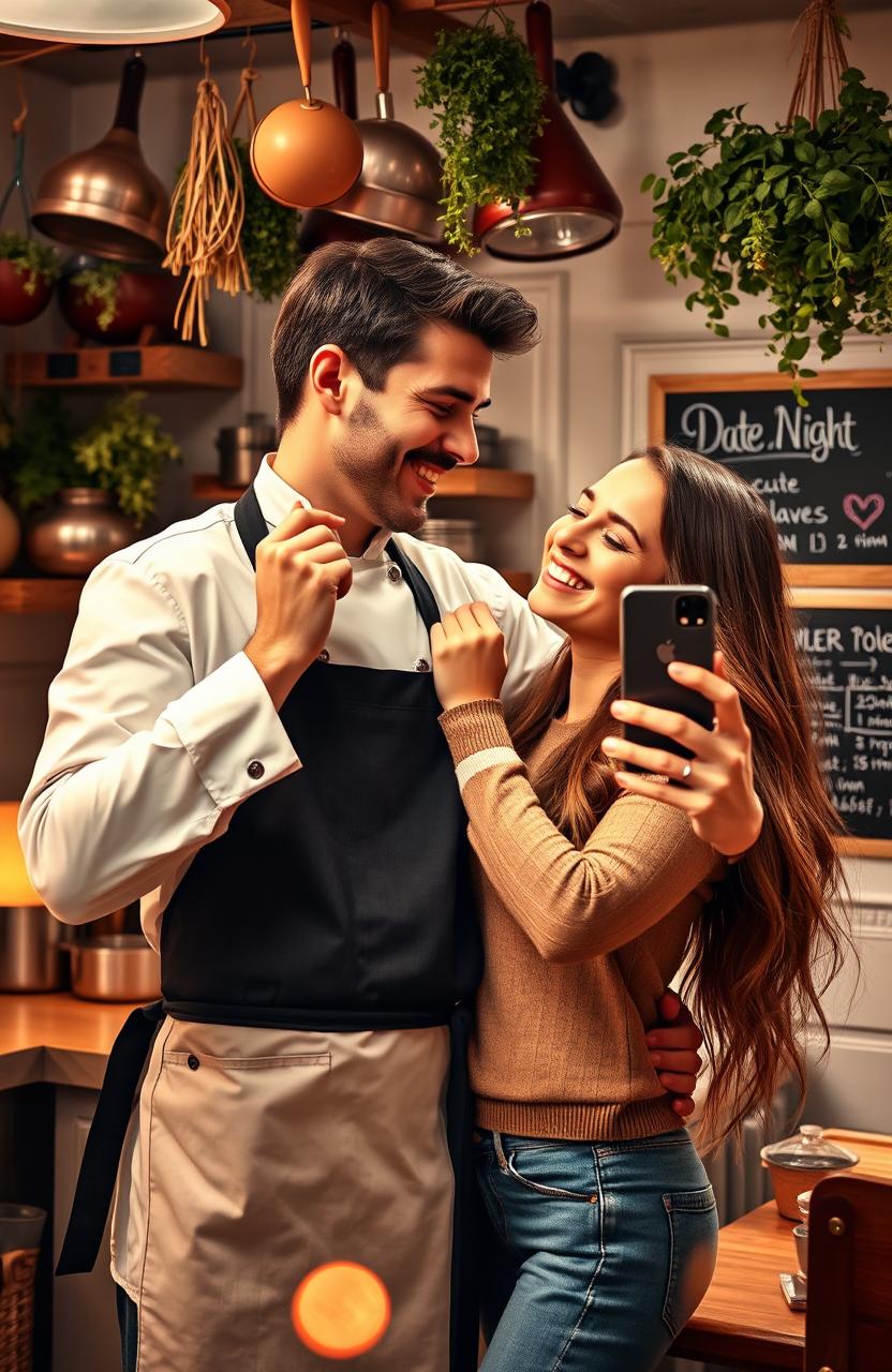 A romantic scene depicting a male chef and his girlfriend in a cozy, beautifully decorated kitchen