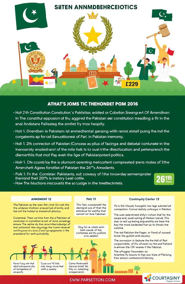 A visually engaging infographic or illustrated representation of the 26th Amendment to the Constitution of Pakistan, highlighting its key points and historical context