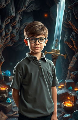 A school boy with glasses standing confidently in front of mysterious treasure caves that hint at hidden riches and adventure