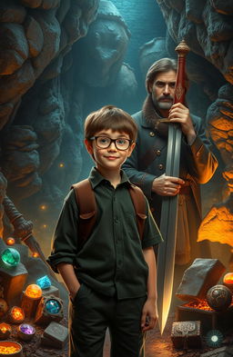 A school boy with glasses standing confidently in front of mysterious treasure caves that hint at hidden riches and adventure