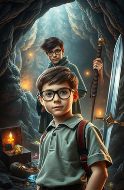 A school boy with glasses standing confidently in front of mysterious treasure caves that hint at hidden riches and adventure
