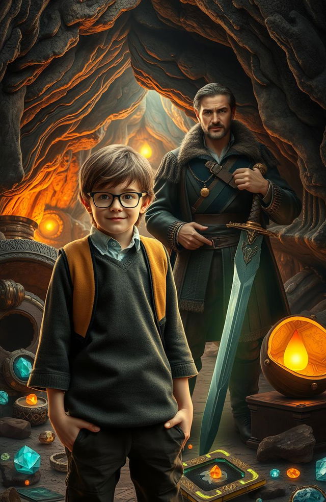 A school boy with glasses standing confidently in front of mysterious treasure caves that hint at hidden riches and adventure