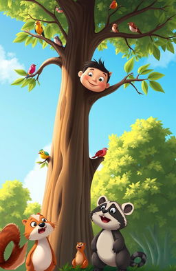 A whimsical scene depicting a cartoon-style character stuck high up in a tall tree