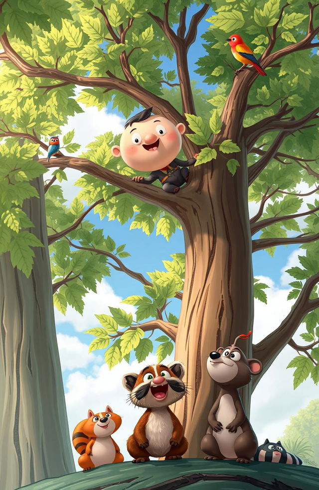 A whimsical scene depicting a cartoon-style character stuck high up in a tall tree