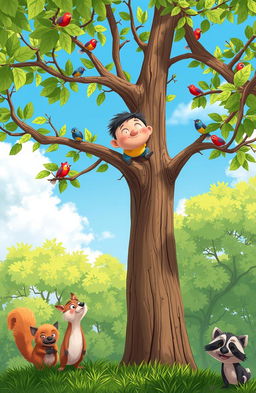 A whimsical scene depicting a cartoon-style character stuck high up in a tall tree