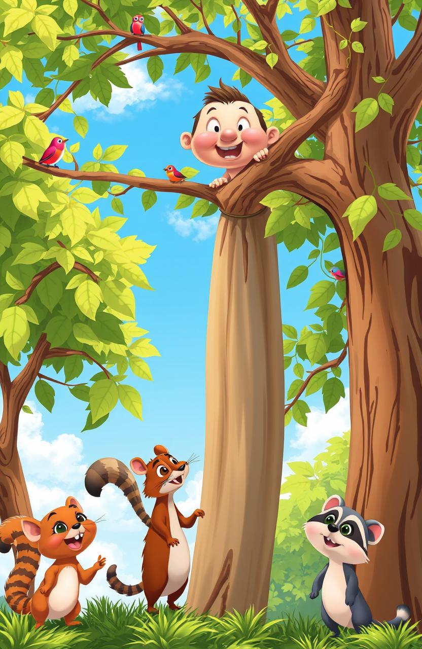 A whimsical scene depicting a cartoon-style character stuck high up in a tall tree