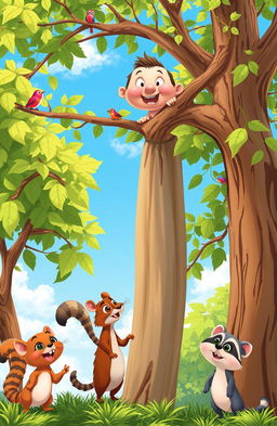 A whimsical scene depicting a cartoon-style character stuck high up in a tall tree