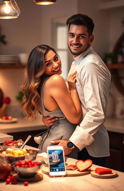 A romantic scene of a chef and his girlfriend in a cozy, warmly lit kitchen, surrounded by beautiful culinary creations