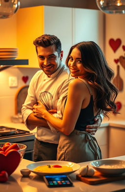 A romantic scene of a chef and his girlfriend in a cozy, warmly lit kitchen, surrounded by beautiful culinary creations
