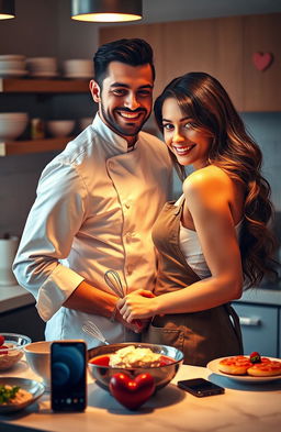 A romantic scene of a chef and his girlfriend in a cozy, warmly lit kitchen, surrounded by beautiful culinary creations
