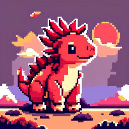 Pixel art PFP featuring a charming red and orange Stegosaurus against a backdrop of a sunrise sky.