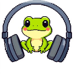 A cute pixel art illustration of an ordinary small frog sitting inside a pair of oversized headphones, with no background