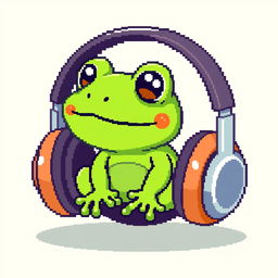 A cute pixel art illustration of an ordinary small frog sitting inside a pair of oversized headphones, with no background