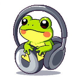 A cute pixel art illustration of an ordinary small frog sitting inside a pair of oversized headphones, with no background