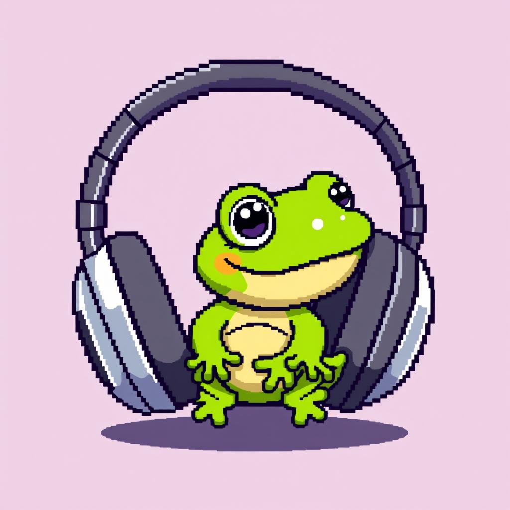 A cute pixel art illustration of an ordinary small frog sitting inside a pair of oversized headphones, with no background