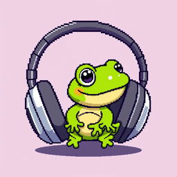 A cute pixel art illustration of an ordinary small frog sitting inside a pair of oversized headphones, with no background