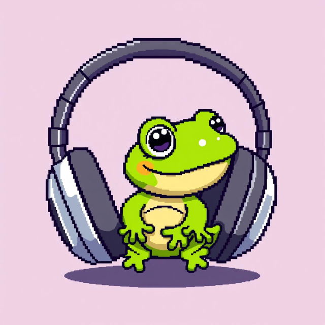 A cute pixel art illustration of an ordinary small frog sitting inside a pair of oversized headphones, with no background