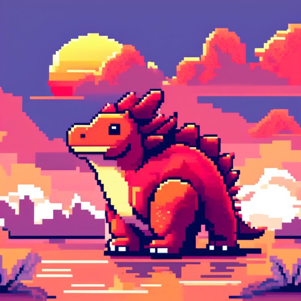 Pixel art PFP featuring a charming red and orange Stegosaurus against a backdrop of a sunrise sky.