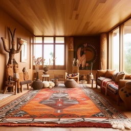 A spacious living room with tribal-inspired designs. The room features earth-toned furniture, patterned rugs, distinctive tribal art pieces, and wooden elements for a warm, ethnic aesthetic.