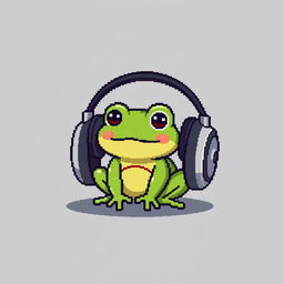 A simple pixel art illustration of an ordinary small frog sitting in oversized headphones, with no background