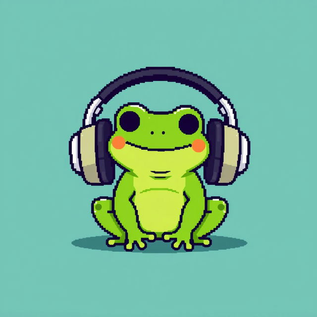 A simple pixel art illustration of an ordinary small frog sitting in oversized headphones, with no background