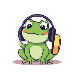 A simple pixel art illustration of an ordinary small frog sitting in oversized headphones, with no background