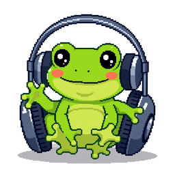 A simple pixel art illustration of an ordinary small frog sitting in oversized headphones, with no background