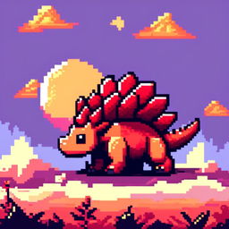 Pixel art PFP featuring a charming red and orange Stegosaurus against a backdrop of a sunrise sky.