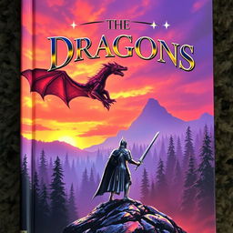 A captivating fantasy book cover featuring a majestic dragon soaring over a mystical forest at sunset, the sky painted in vivid shades of orange and purple