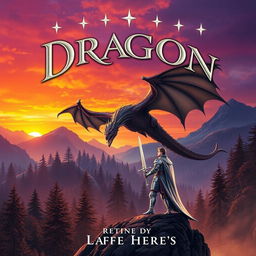 A captivating fantasy book cover featuring a majestic dragon soaring over a mystical forest at sunset, the sky painted in vivid shades of orange and purple