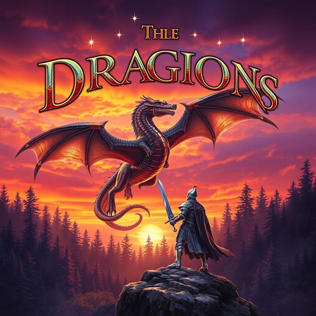 A captivating fantasy book cover featuring a majestic dragon soaring over a mystical forest at sunset, the sky painted in vivid shades of orange and purple