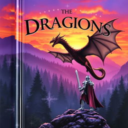 A captivating fantasy book cover featuring a majestic dragon soaring over a mystical forest at sunset, the sky painted in vivid shades of orange and purple