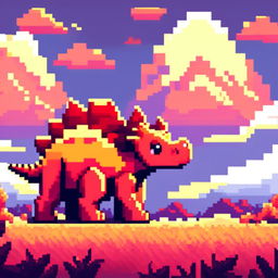 Pixel art PFP featuring a charming red and orange Stegosaurus against a backdrop of a sunrise sky.