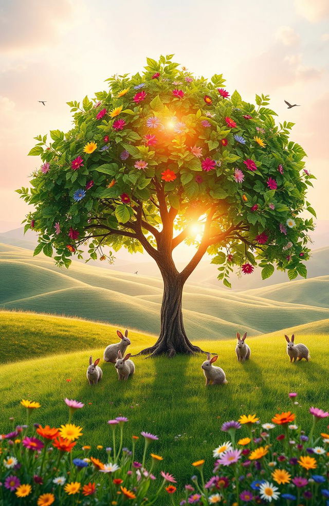 A visually stunning representation of growth, featuring a vibrant tree with lush green leaves and colorful flowers blooming on branches