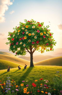 A visually stunning representation of growth, featuring a vibrant tree with lush green leaves and colorful flowers blooming on branches